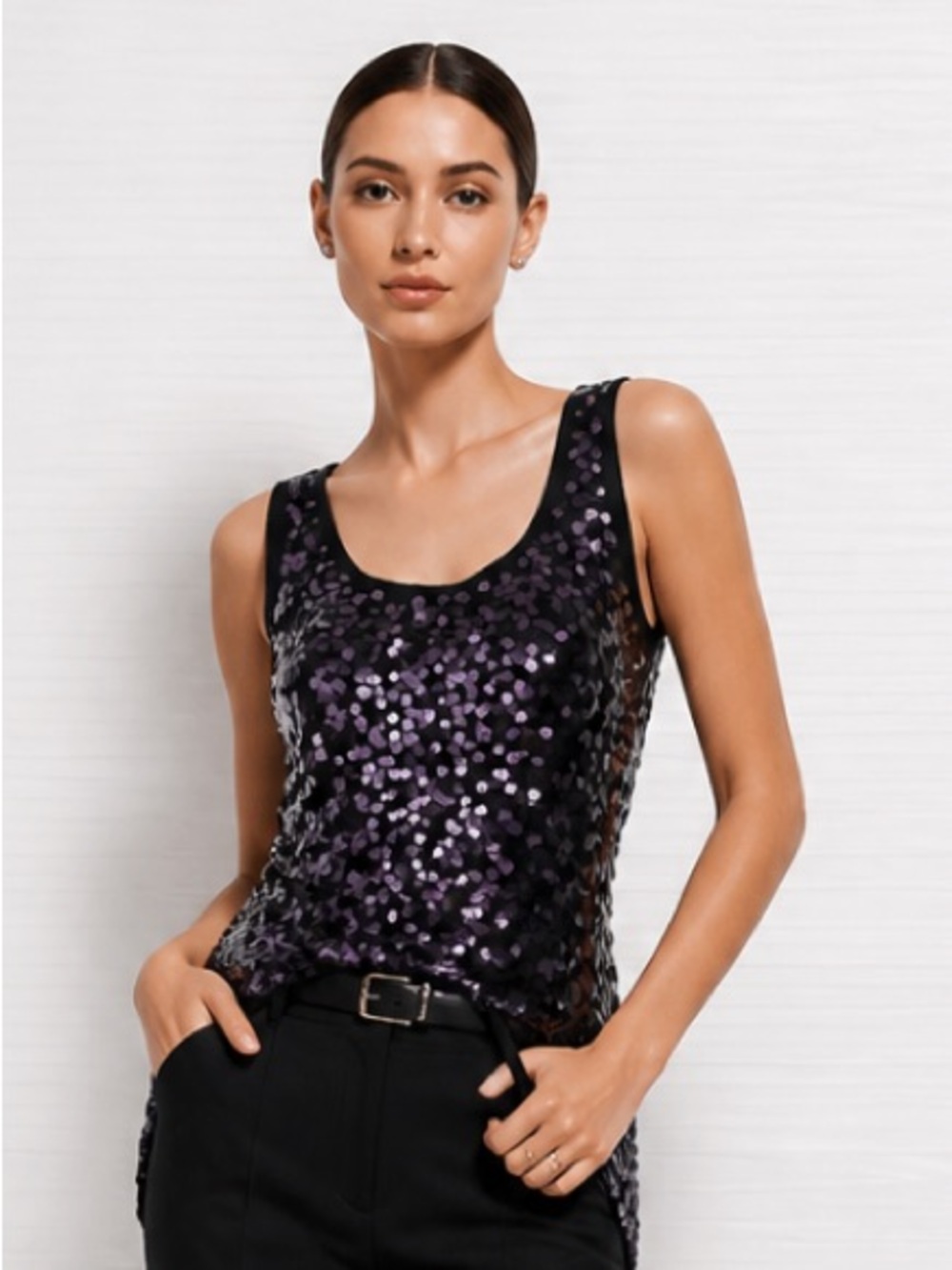 EILEEN FISHER Sequined 100% Merino Wool Tank Sweater Scoop Neckline
